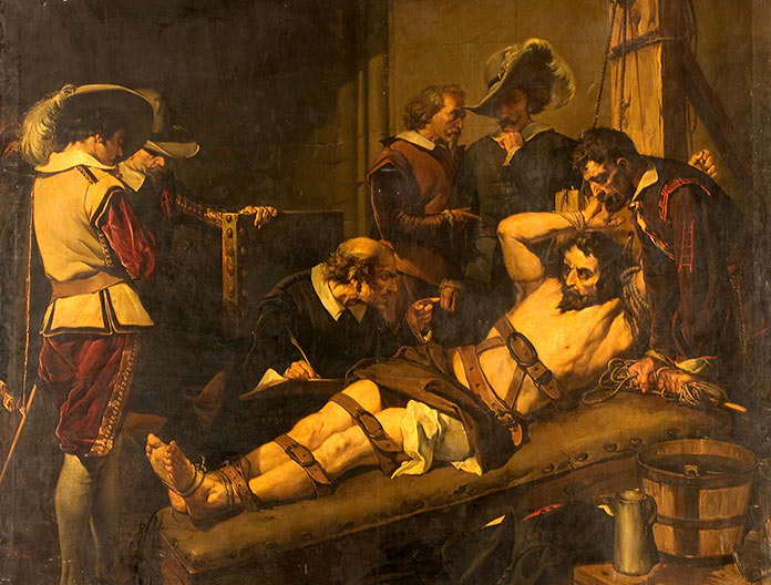 Oleo que representa a Rodrigo Calderón en el tormento que sufrió antes de morir ahorcado en 1621 en la Plaza Mayor de Madrid. 